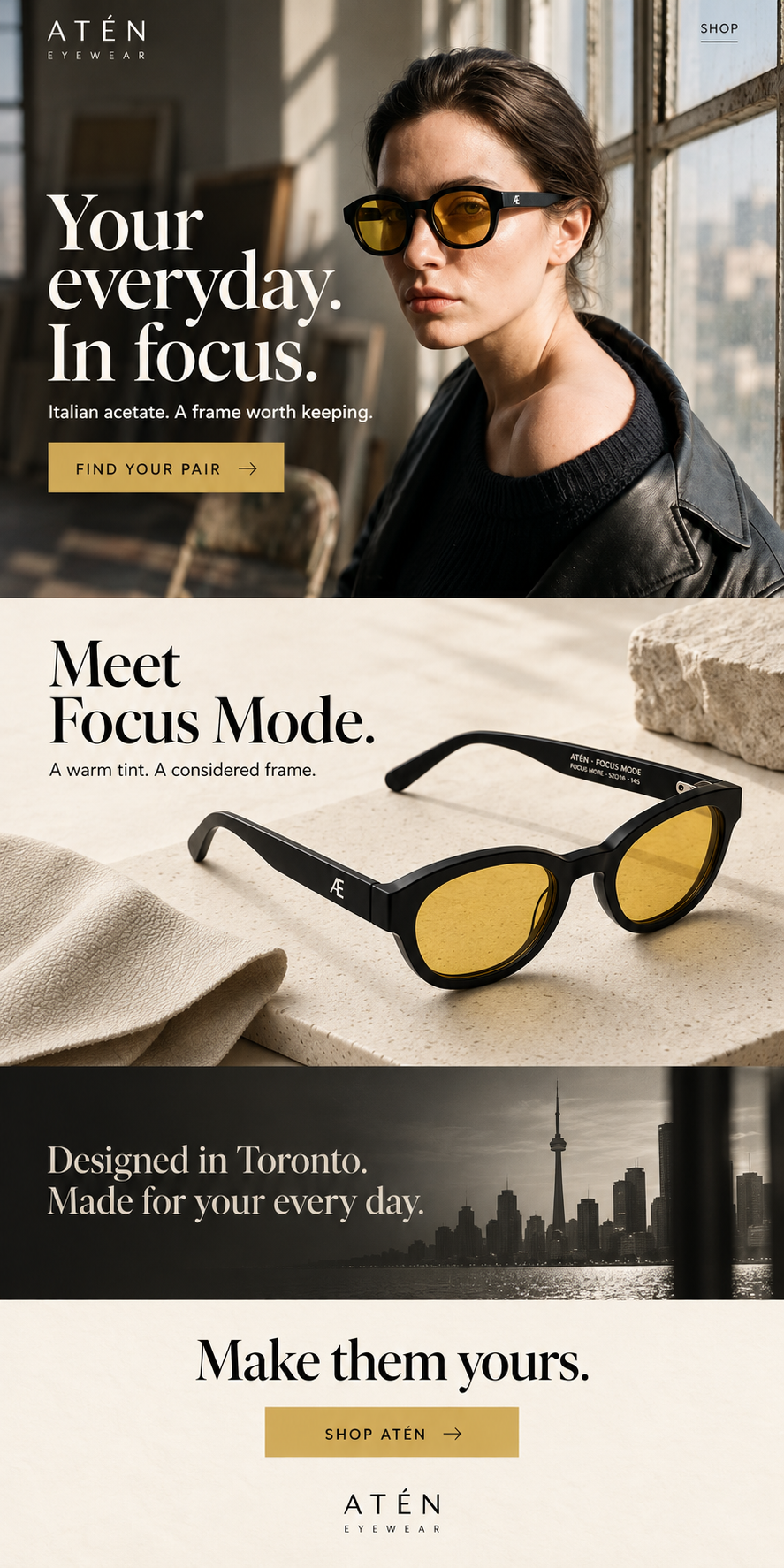 ATÉN Focus Mode eyewear landing page design