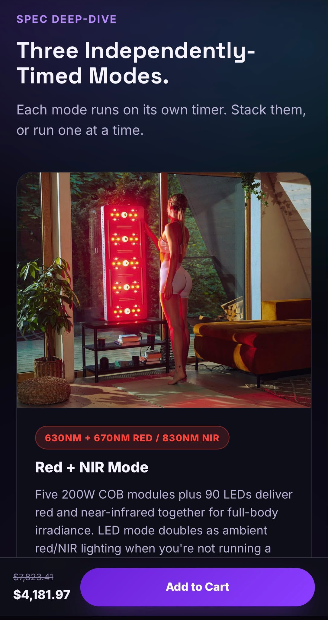 EMR-TEK red light modes landing page with sticky Add to Cart