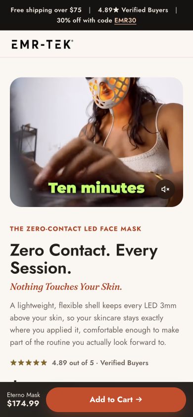 EMR-TEK Eterno mask landing page with customer video, product offer and sticky Add to Cart