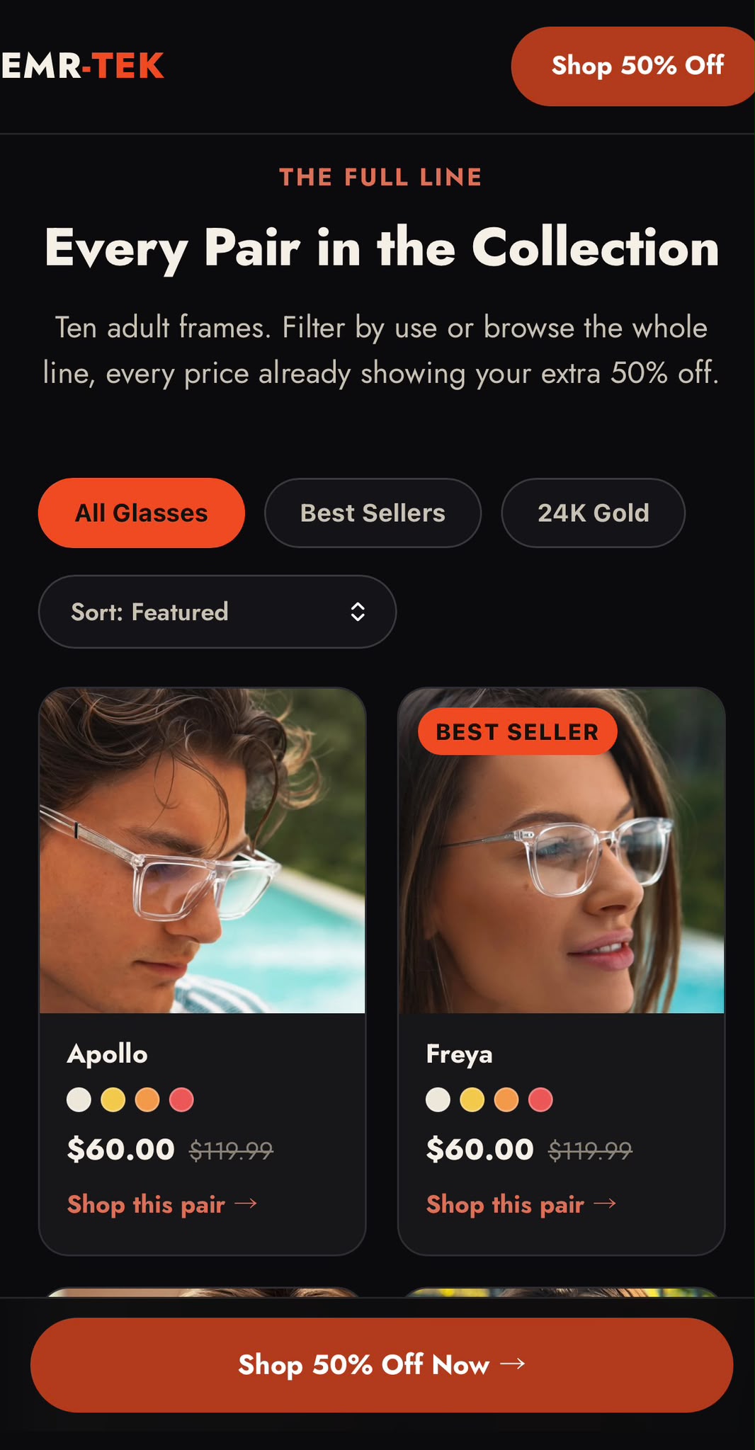 EMR-TEK glasses collection landing page