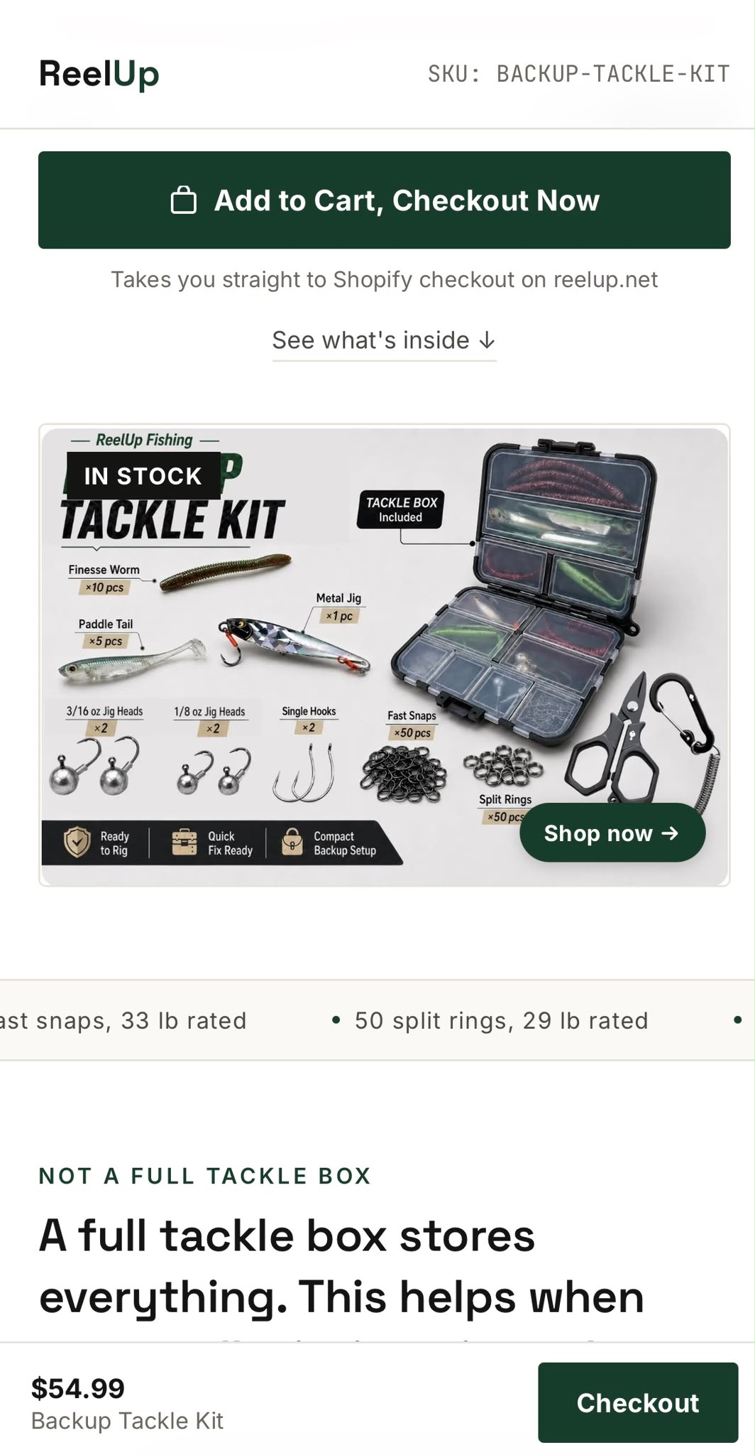 ReelUp tackle kit landing page with sticky checkout